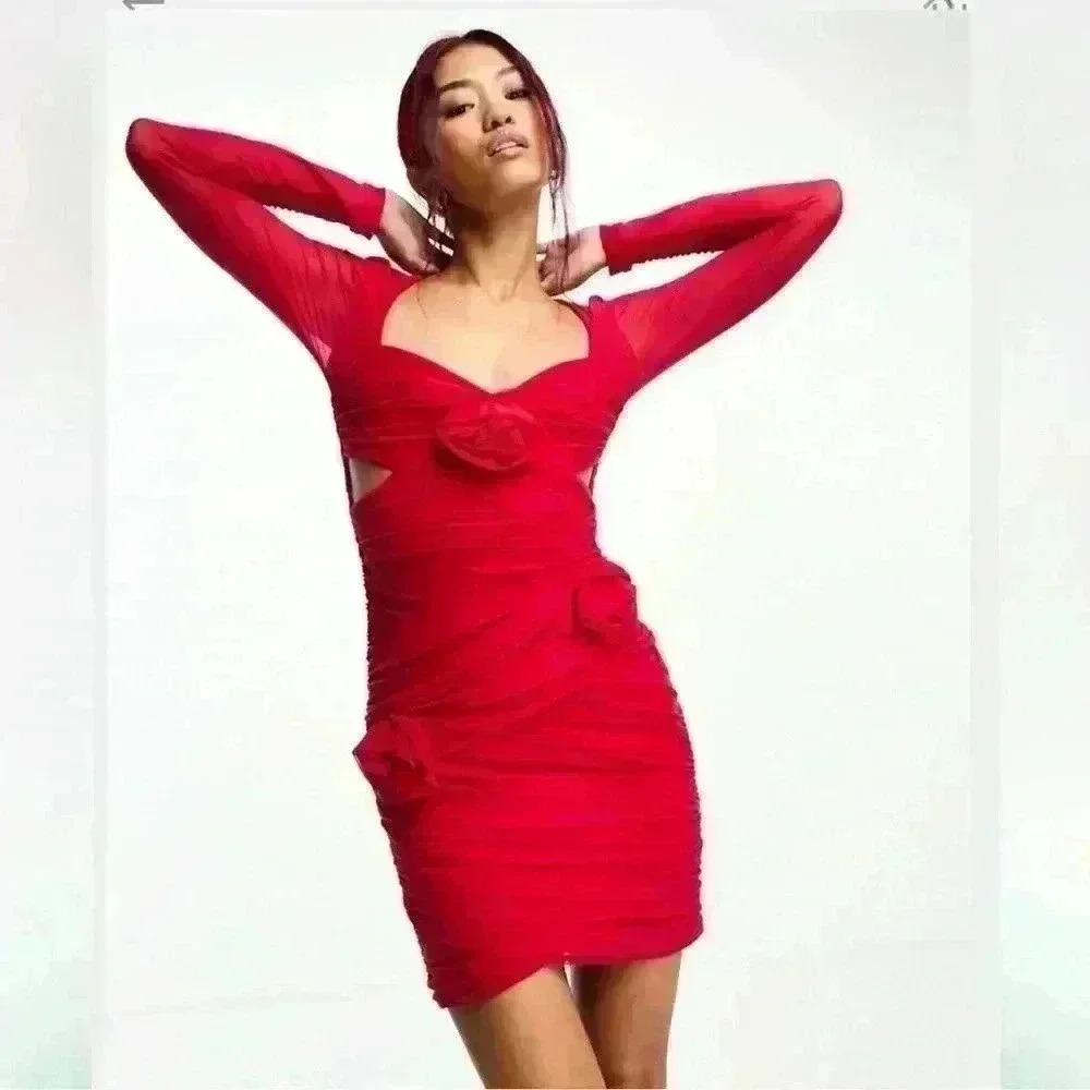BARDOT Red Pippa Mesh Rose Mini Dress with Long Sleeve - Picture 3 of 6